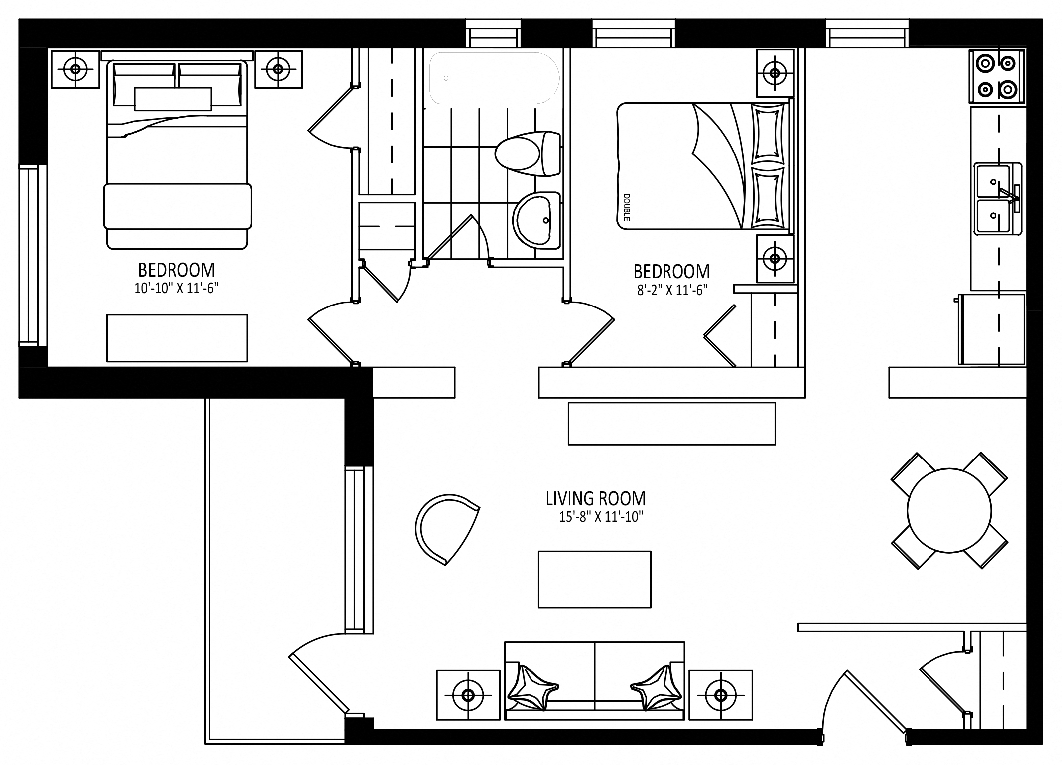 Floor plan for 2 beds, 1 bath, 799 sqft